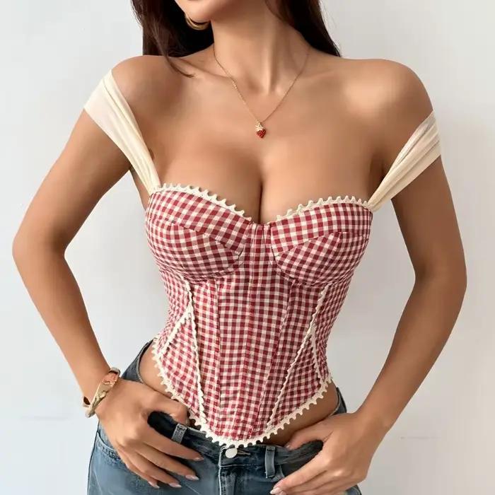 Haut bustier court ajusté pour femme en gingham