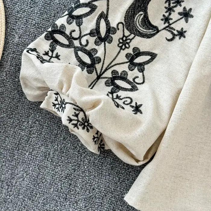 Boho été Blusas De Mujer à lacets col rond manches bouffantes broderie florale femme