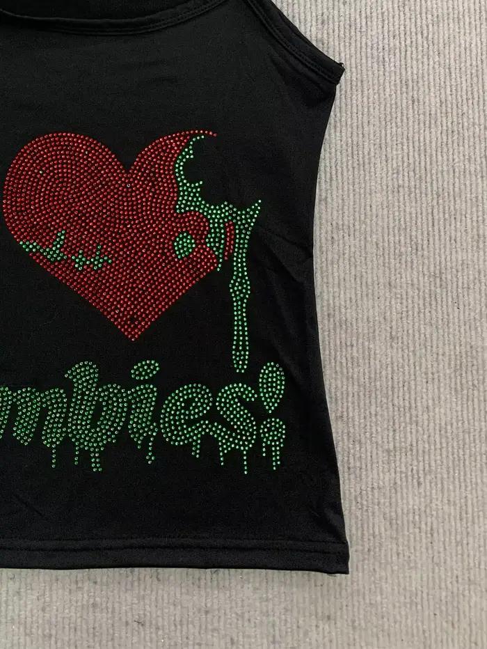 Haut Cami noir pour femme avec imprimé graphique zombie en strass style gothique et Y2K pour festival de musique et occasions spéciales