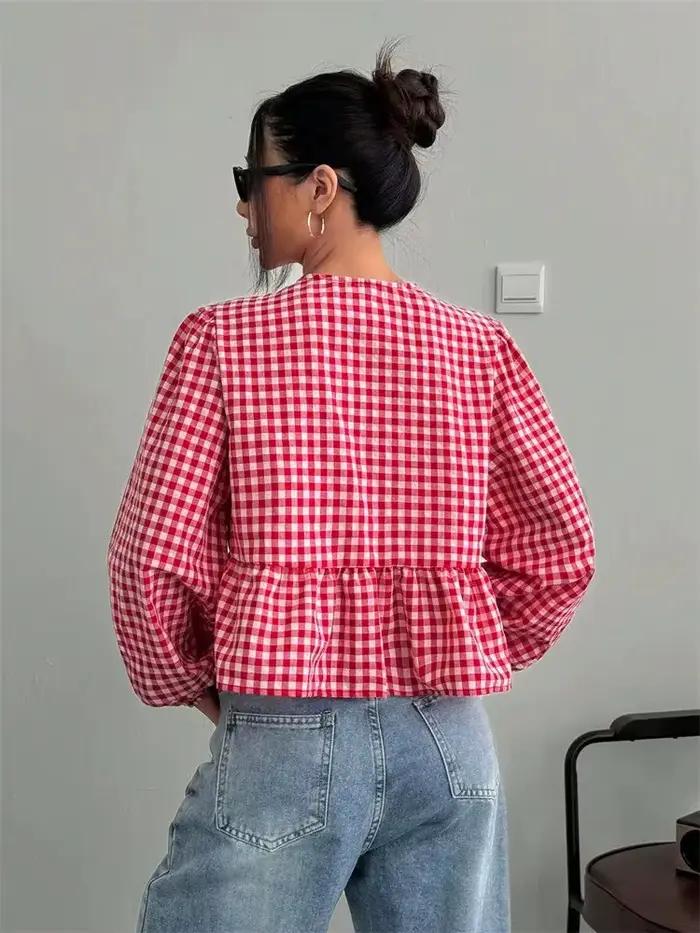 Chemisier lanterne à carreaux polyester et élasthanne pour filles junior style doux col rond printemps automne mousseline ajustement lâche
