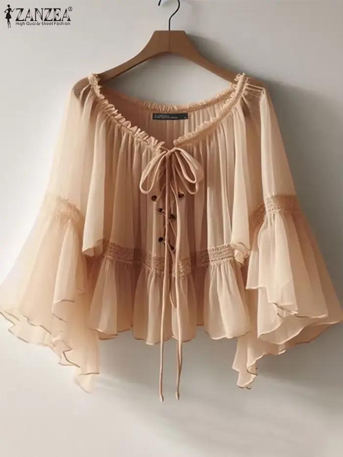 ZANZEA femmes Vintage en mousseline de soie Blouse décontracté ample 3/4 manches évasées hauts courts 2025 été transparent col en v plissé Blusas Femme