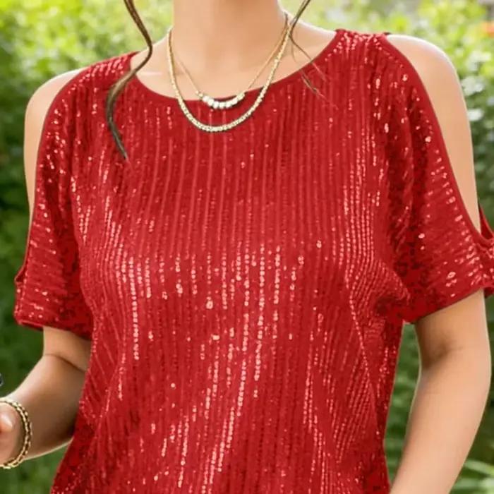 Chemisiers pour femmes été nouveau Sexy épaules dénudées col rond à manches courtes paillettes