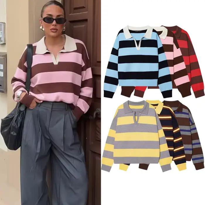 Pull tricoté rayé col polo pour femmes, style streetwear, coupe ample, printemps et automne, élégant et décontracté, pour jeunes femmes