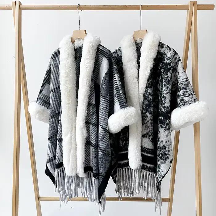 Grande taille femmes Poncho tricoté cachemire châle manteau chaud automne hiver dame Pashmina Wrap avec col de fourrure confortable laine écharpe cape