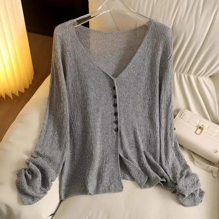 Cardigan léger en maille pour femmes, vêtements ajourés à manches longues, coloris unis, col en V, style décontracté pour printemps été