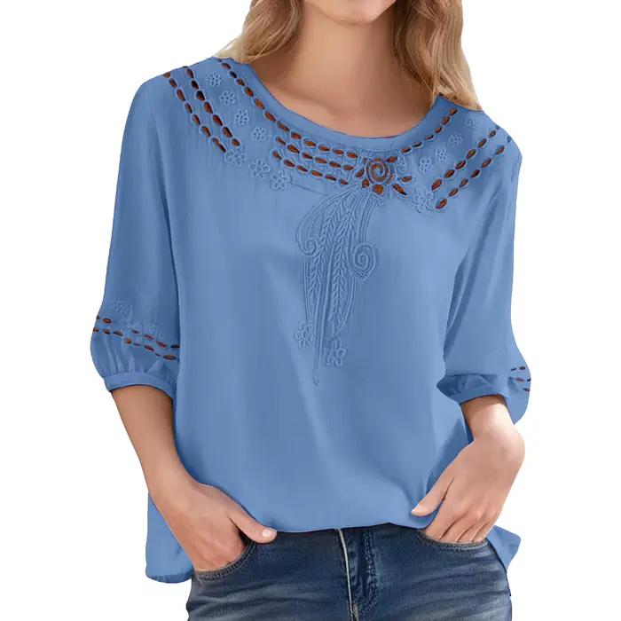 T-Shirts Bohèmes pour Femmes en Coton et Lin Brodé Rétro Polyvalents pour Occasions Spéciales et Quotidiennes