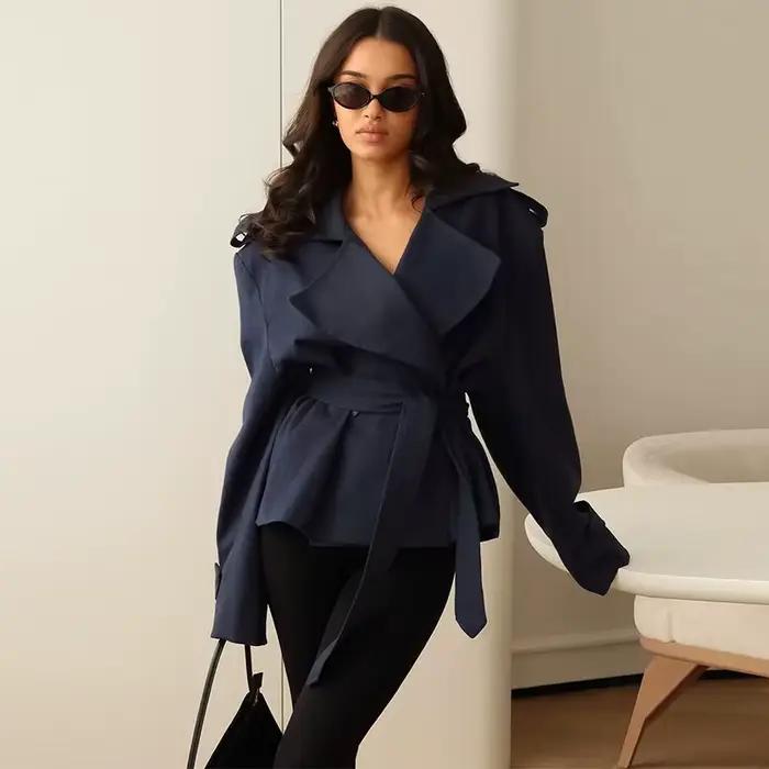F nouvelle mode à lacets recadrée Trench Coat femmes revers manches longues large épaule coupe-vent veste automne déplacements quotidiens vestes