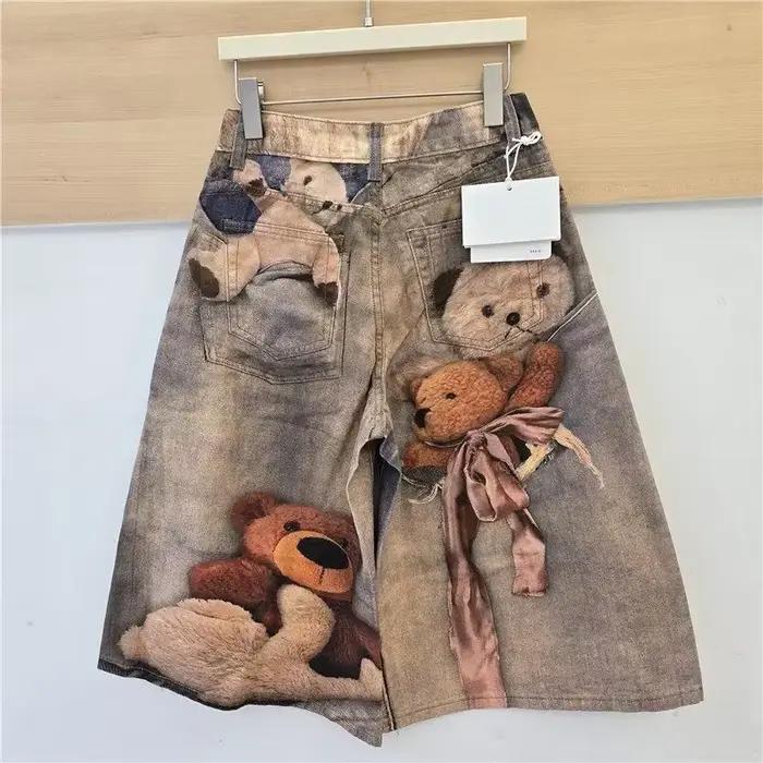 Shorts en jean baggy pour femme, style vintage délavé, imprimé ours en peluche, coupe large, mi-longueur, décontracté, streetwear, occassions spéciales et quotidiennes