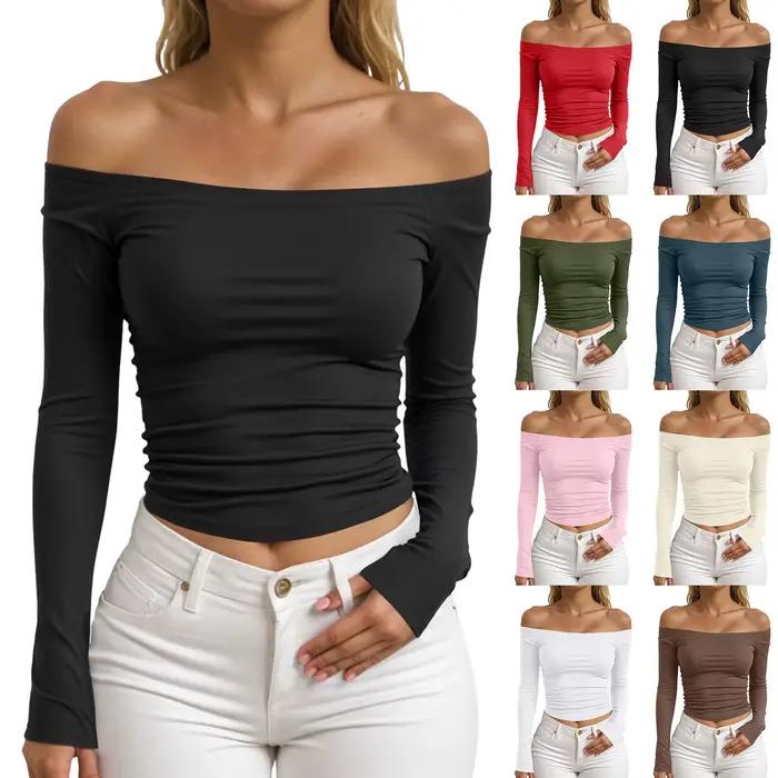 T-Shirt à épaules dénudées pour femmes, sexy, coupe cintrée, couleur unie, hauts plissés à manches longues, chemisier à bascule, dessus de Yoga, printemps automne occasions spéciales