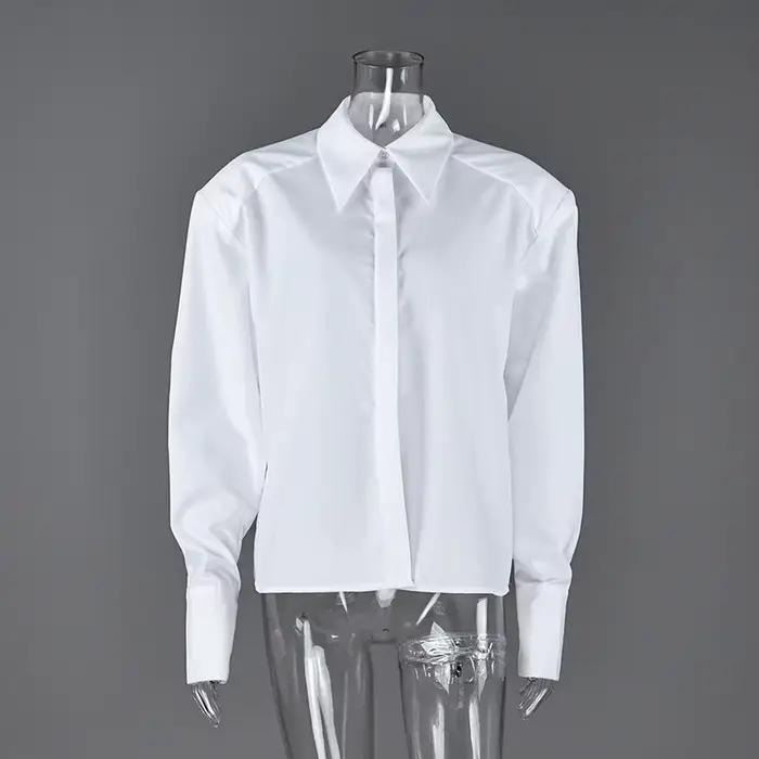 Chemisier à manches bouffantes pour femme, élégant, automne, style bureau, boutonnage simple, chic urbain, col rabattu, polyester et coton, occasion décontractée, pour femmes juniors
