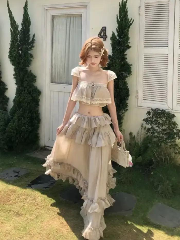 Ensemble 2 pièces chic et élégant pour femme style rétro français Y2K hauts et longues jupes tenue sexy vintage japonaise printemps été 2026