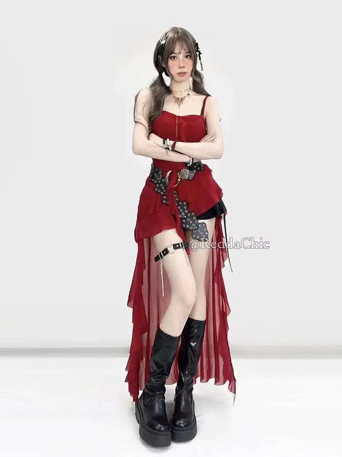 REDDACHiC femmes Camisole avec sentier rouge solide maille extensible irrégulière à volants fluide froncé haut Corset été fête Festival tenue
