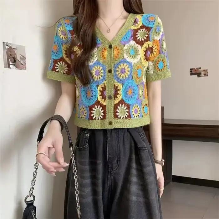 Haut boutonné au crochet transparent à manches courtes pour femmes, style bohème vintage Fairycore, occassions spéciales