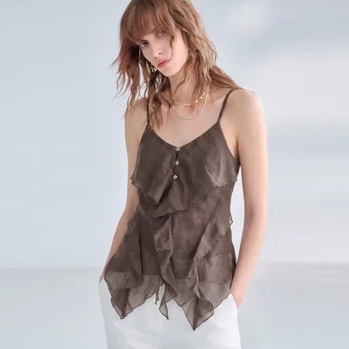 Débardeur Chic 100% Ramie pour Femme avec Volants Asymétriques – Style Décontracté Français