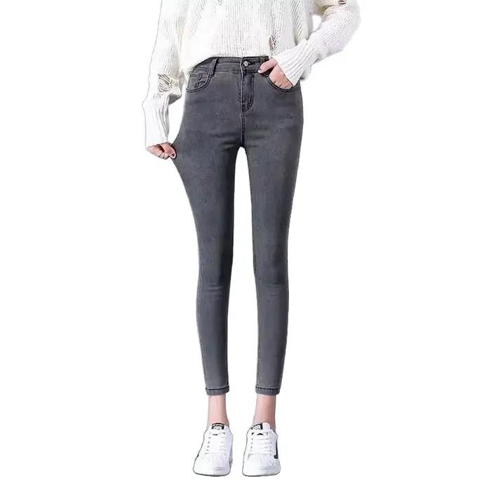 Jean Skinny Taille Haute Couleur Unie Femme 2026 Nouveau Modèle Élastique Amincissant Allongeant Pantalon Neuf Points en Coton Denim