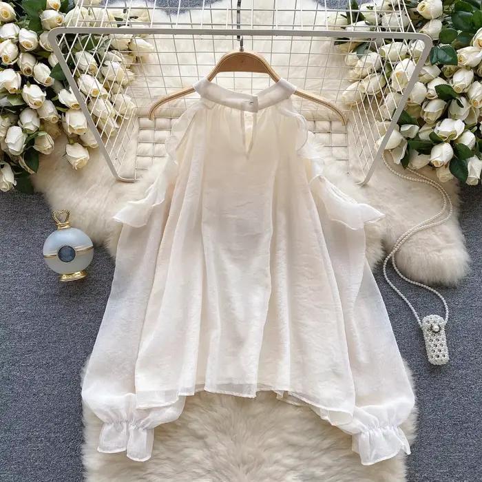 Chemisier chic français pour femme épaules dénudées perles col rond manches évasées élégant pour occasions spéciales femmes style bureau années toute saison