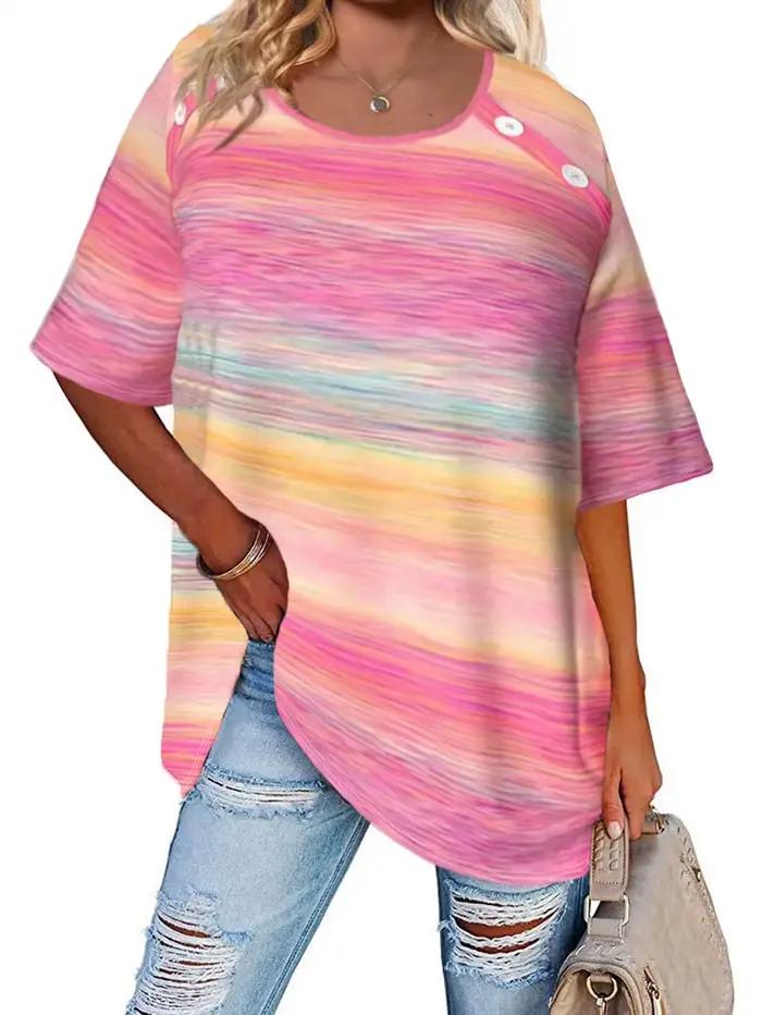 Haut femme grande taille décontracté en polyester et élasthanne avec motif rayé pour femmes actives et grandes tailles printemps été