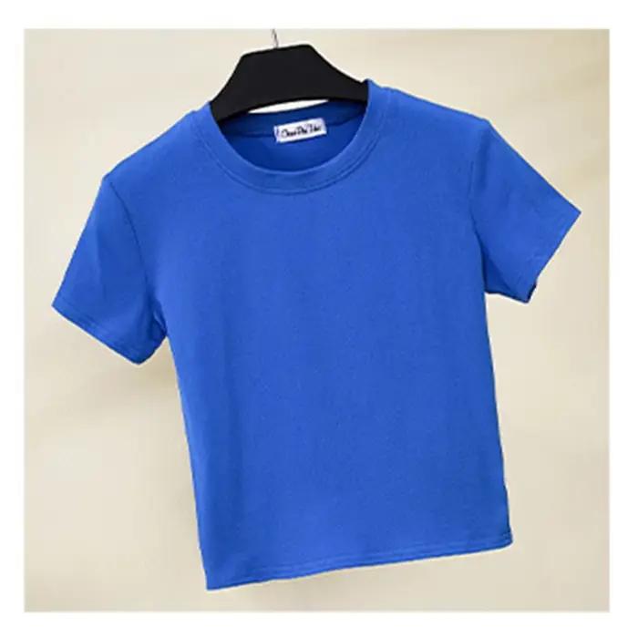Vert haut court T-Shirt Femme solide coton col rond manches courtes T-shirts pour femmes taille haute mince
