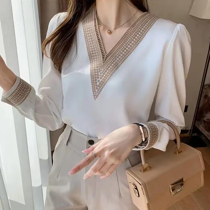 Mode à manches longues femmes chemises en mousseline de soie Blusas 2025 élégant blanc col en V décontracté Blouses amples bureau dame mince haut femme 13366