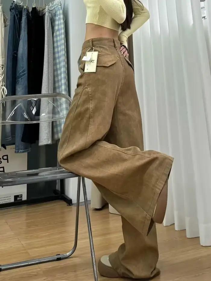 Jeans kakis décontractés bywindto pour femmes, style moderne, pantalon à jambes larges, confortable et durable pour l'automne-hiver