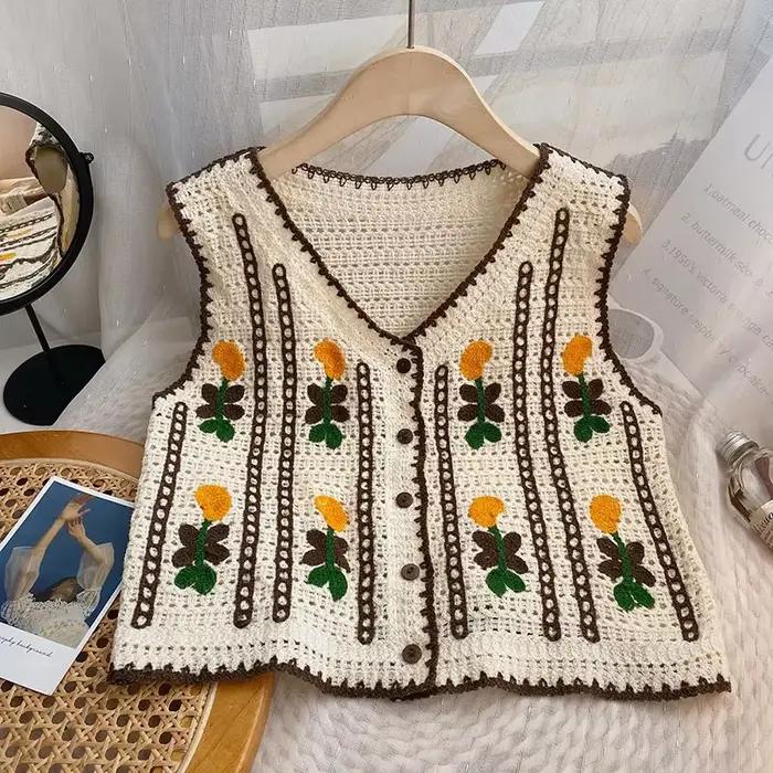 Gilet en tricot brodé floral pour femme junior style fairycore printemps été occassions spéciales à offrir