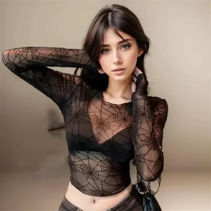 Haut court à manches longues en fil de maille d'araignée style Y2K pour femmes occasions spéciales années 2000 transparence grunge