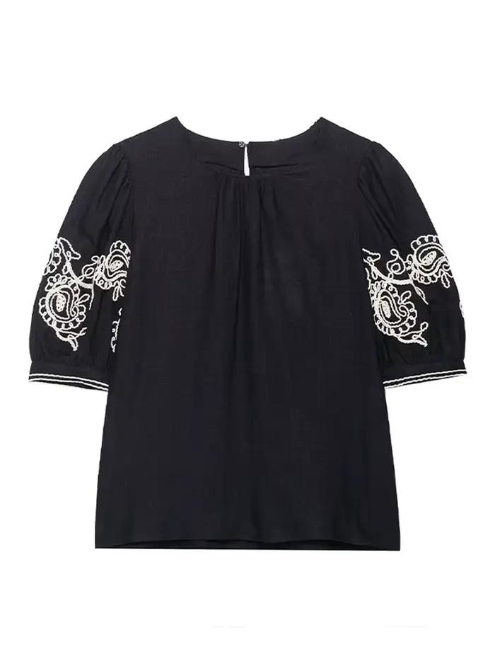 Mode brodé haut pantalon 2 pièces ensemble femmes élégant col rond manches courtes