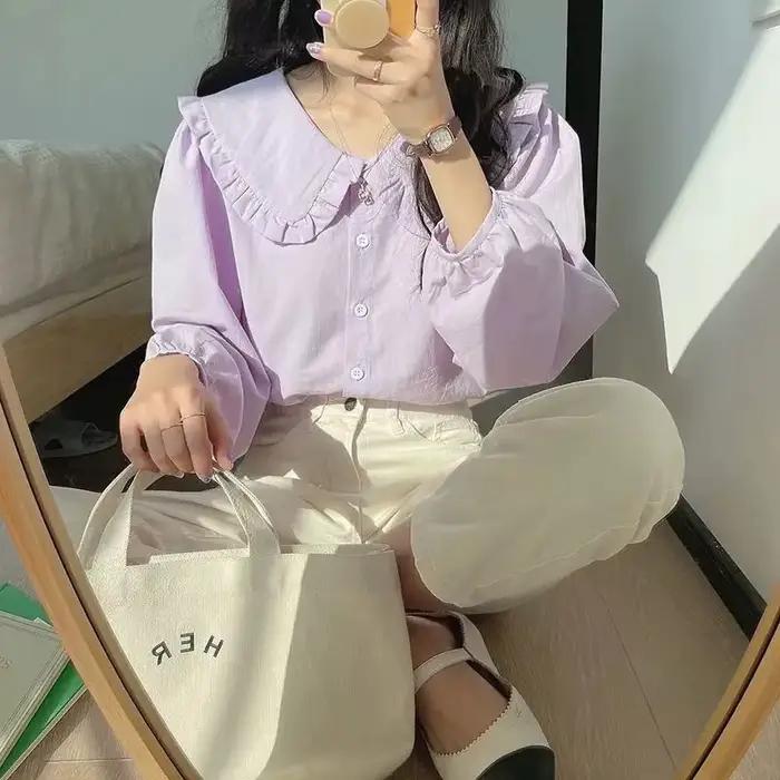Chemise à volants de style français doux pour femmes, printemps-été 2026, manches bouffantes, chemise à boutons, jaune clair, col Peter Pan