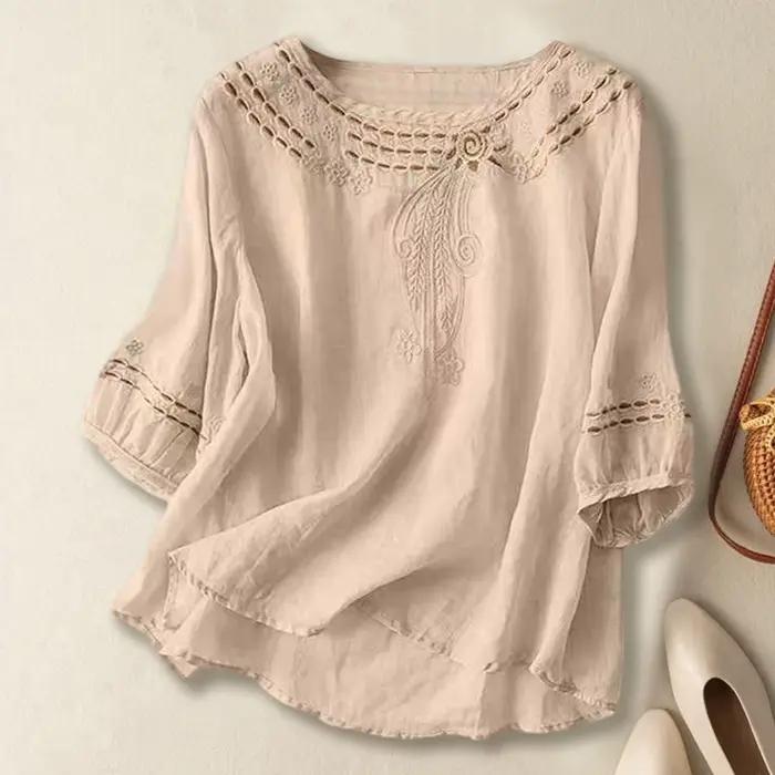 T-Shirts Bohèmes pour Femmes en Coton et Lin Brodé Rétro Polyvalents pour Occasions Spéciales et Quotidiennes
