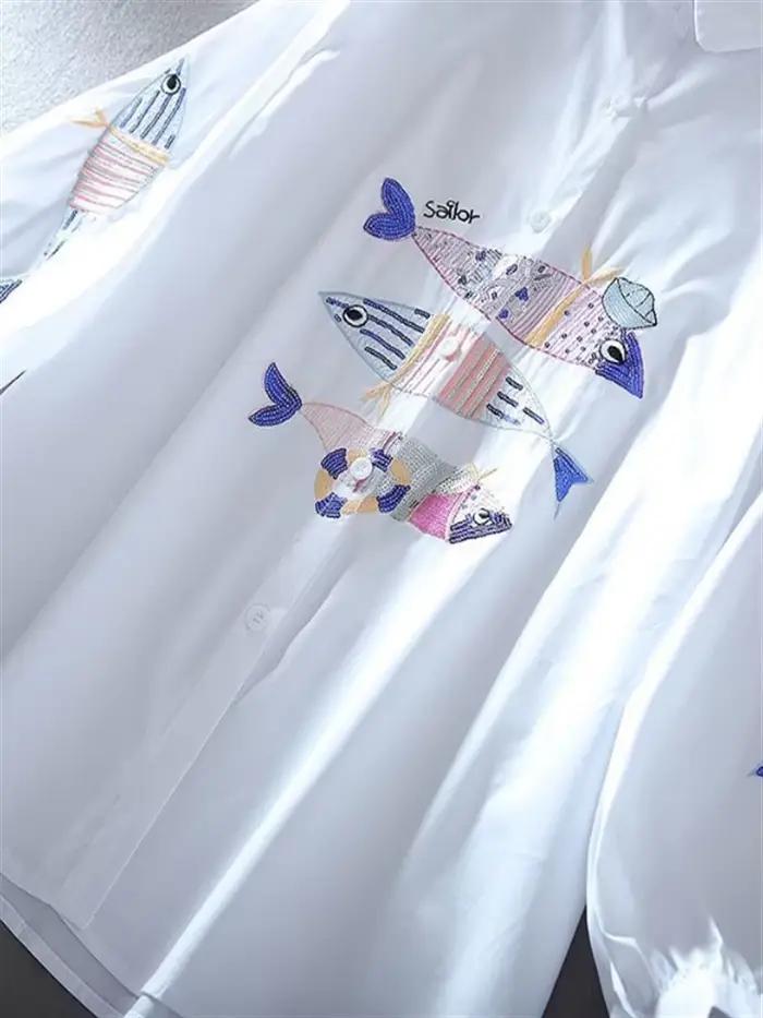 Chemise Brodée Blanche à Manches 3/4 pour Femme