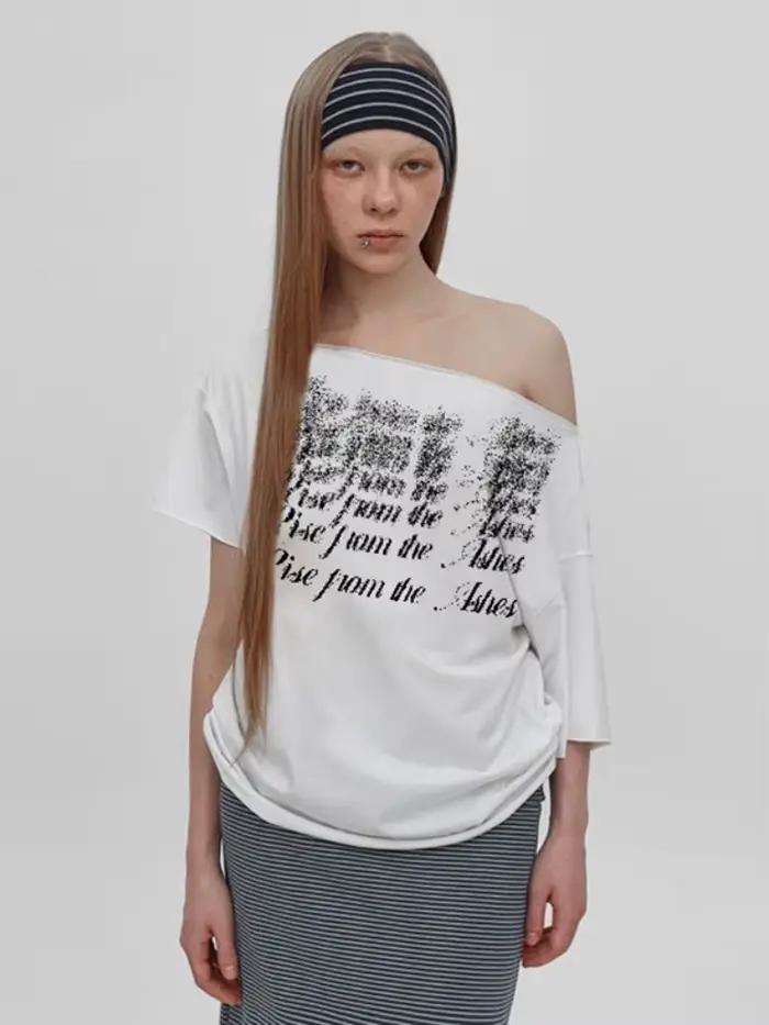 Col incliné surdimensionné t-shirts pour femmes Streetwear lettres imprimées Y2k haut Camisetas à manches courtes Grunge vêtements Ropa Mujer
