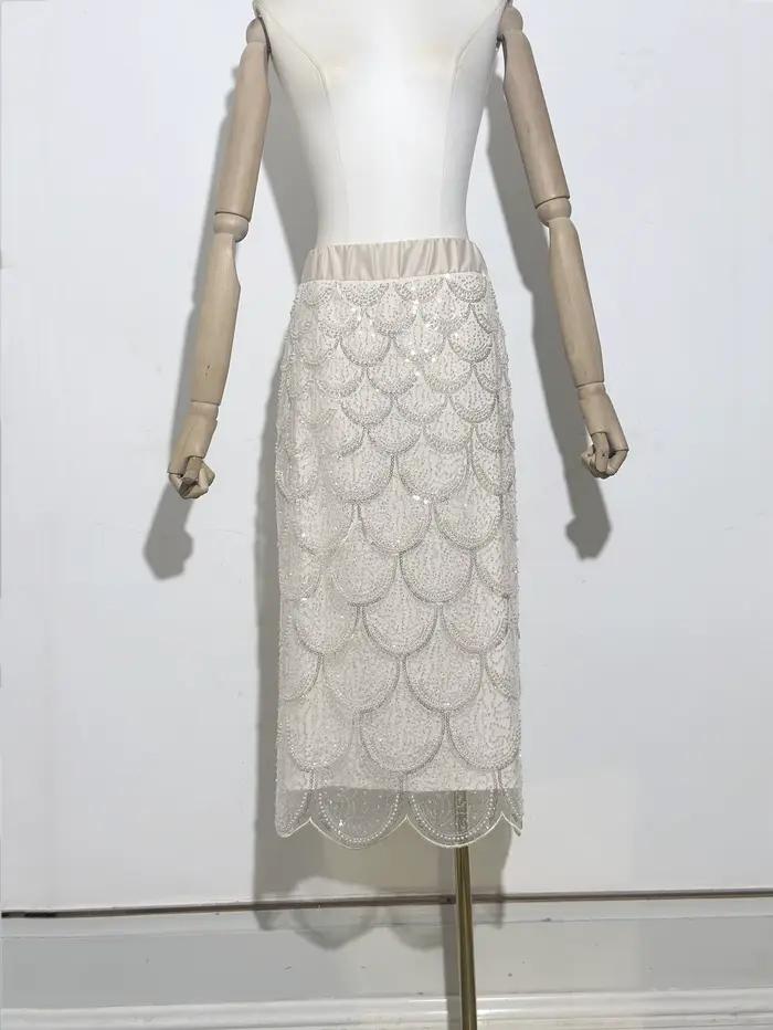 Nouveau classique Unique motif pétoncle femmes paillettes dentelle délicate perles maille haut pull et jupe ensemble diverses besoins d'occasion