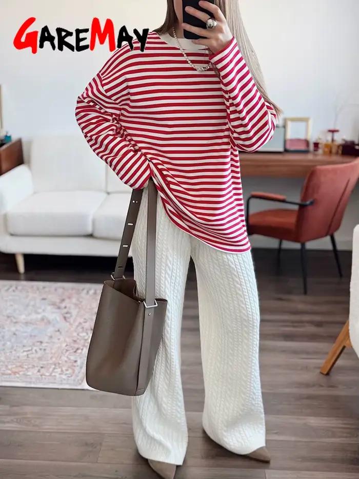 T-shirt rayé en coton pour femme, style décontracté et vintage, printemps été, col rond, légèrement extensible, coupe lâche, pour occasions informelles