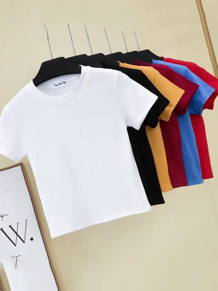 Vert haut court T-Shirt Femme solide coton col rond manches courtes T-shirts pour femmes taille haute mince
