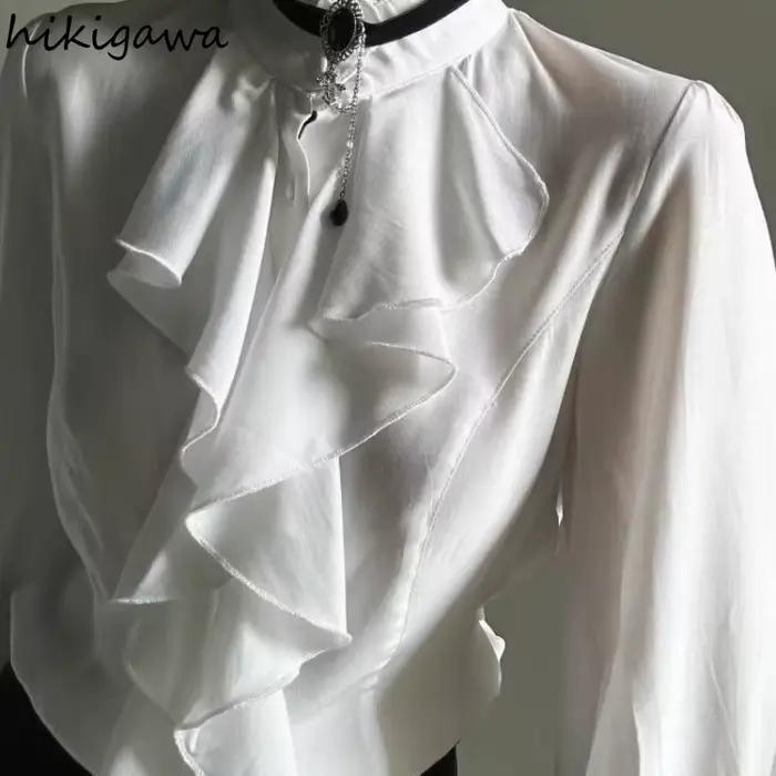 Femmes chemises col montant volants manches longues Blouses 2025 Blusas Mujer De Moda surdimensionné hauts Chic été Vintage blanc Blouse