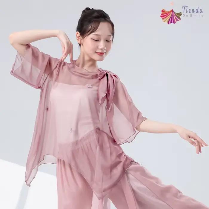 Haut de danse classique pour femmes élégant col noué manches courtes chemise transparente décor floral occassions spéciales danse yoga gym spectacle carnaval nouvelle année