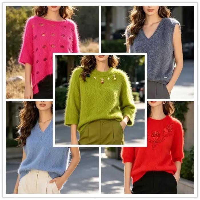 Pull-over ample tricoté en véritable poils de lapin Angora doux et duveteux