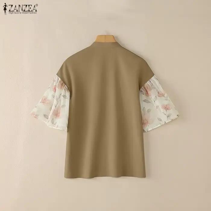 ZANZEA Vintage col Mandarin grenouille boutons Blouses femmes élégant manches en mousseline de soie florale Patchwork Blouse été femme hauts