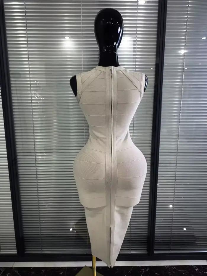 Robe moulante mi-longue sexy sans manches à col en V couleur kaki pour femme