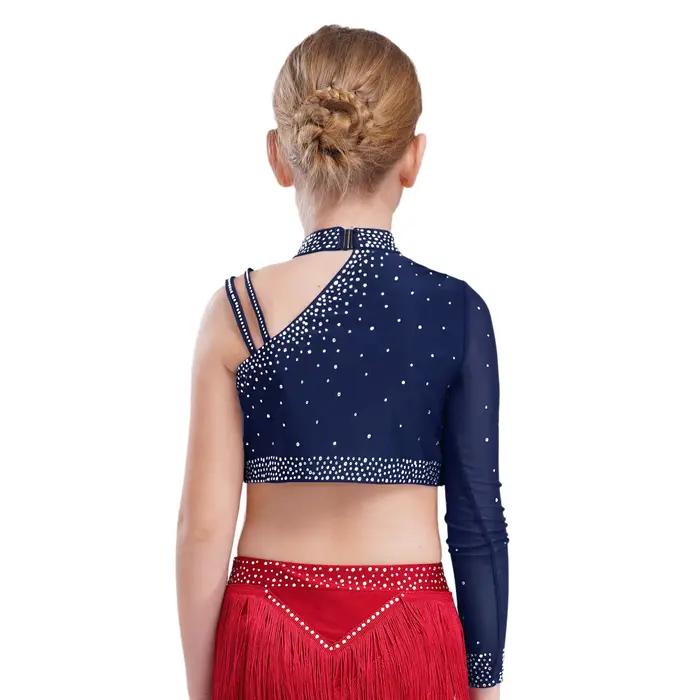 Ensemble de danse lyrique haut court asymétrique épaule dénudée avec fente latérale jupe en maille irrégulière pour filles occasions spéciales performances danse moderne concours