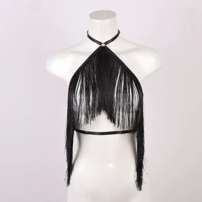 UYEE Haut licou noir pour femme avec détail de pompon Harnais élastique réglable Ceinture décontractée pour toutes saisons