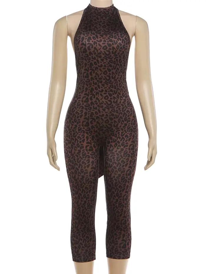 Kliou Imprimé Léopard Combishorts Femme Tendance D'été Bandage Halter Dos Nu Skinny Pêche Hanche Chaude Filles Rue Sexy Mode Barboteuses