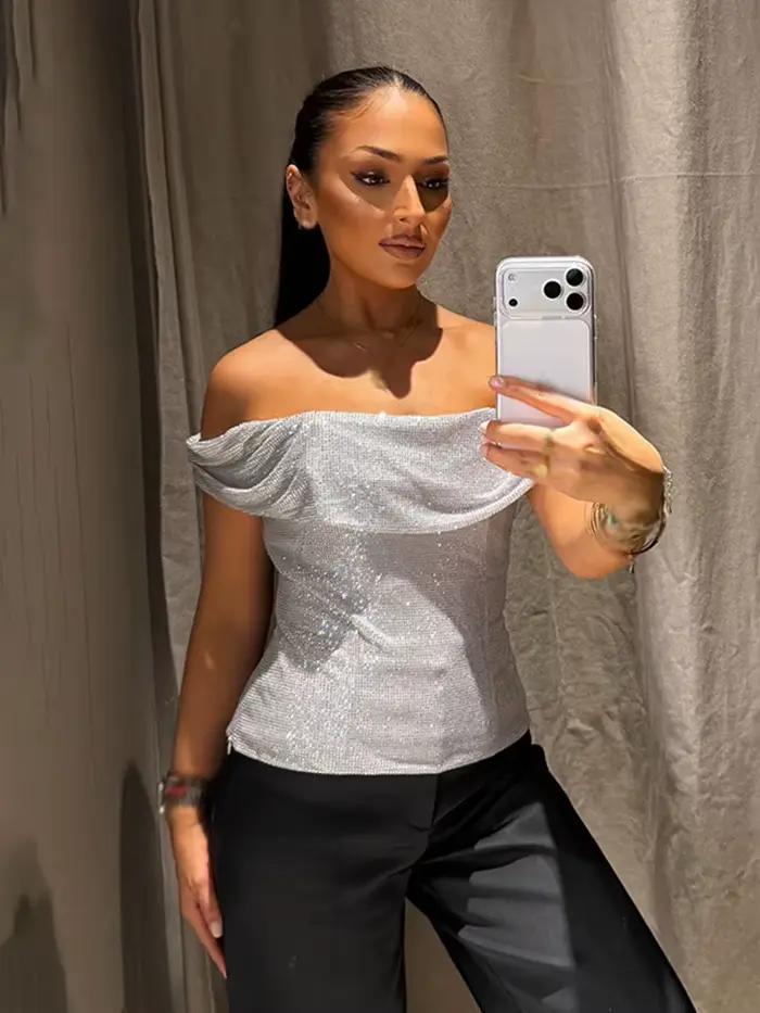 HH femmes été Sexy mince une pièce col haut argent diamant décoration