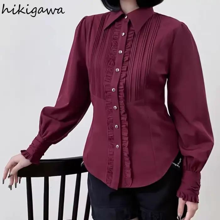 Blouse HIKIGAWA en coton et polyester avec volants, élégante et mince, pour femmes, occasions estivales et romantiques
