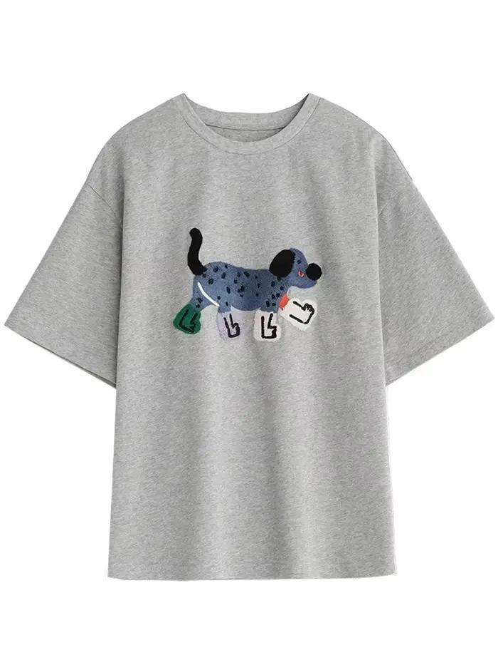 CHIC VEN femmes T-Shirts ample Streetwear unisexe amusant chien brodé à manches courtes coton fille