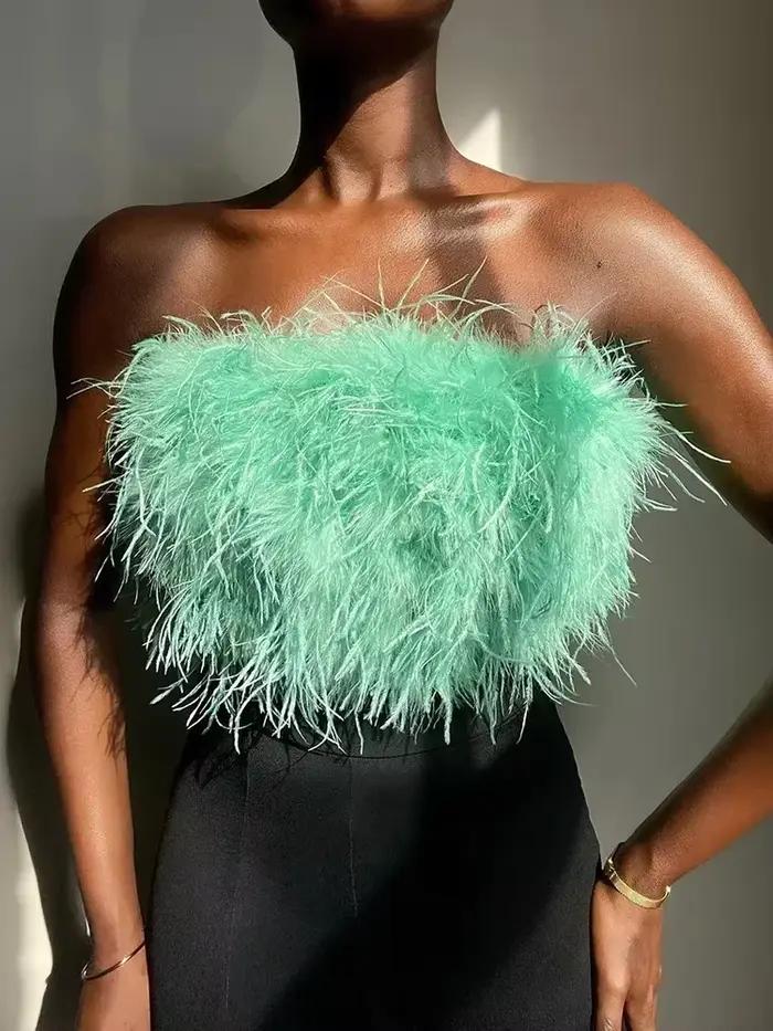 Nouveaux hauts bustier sans bretelles en fourrure et plumes pour femmes