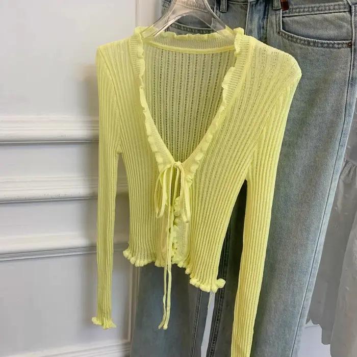 Haut court féerique garnitures à volants nouage devant polyester pour femmes printemps été tenue Y2K junior