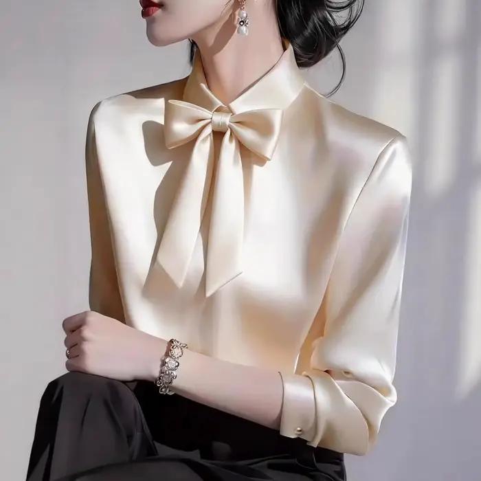 Chemise en satin à manches longues pour femme avec col à nœud papillon