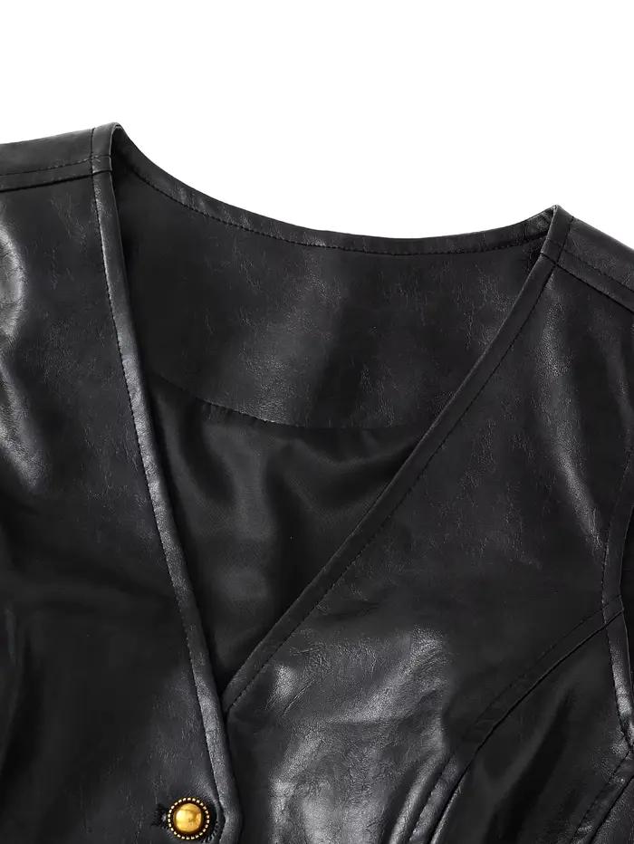 Gilet en simili cuir noir pour femmes – Haut sans manches boutonné à col en V ajusté
