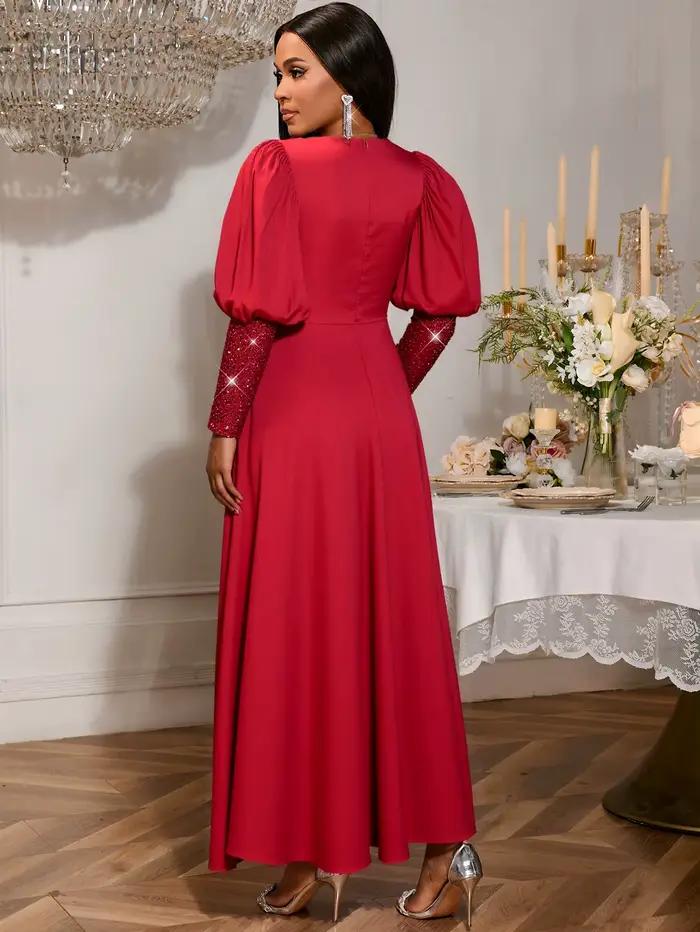 Robe trapèze à col en V pour femmes, manches longues lanternes, taille haute, paillette et patchwork, robe de soirée de Noël, nouvelle collection automne 2025